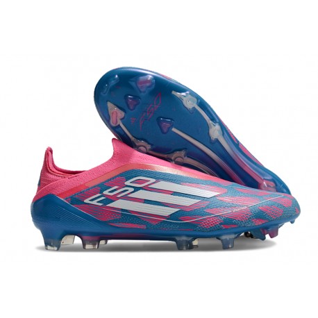 Crampon adidas F50 Elite Sans Lacets FG Bleu Solaire Blanc Ftwr Rose