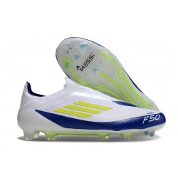 Crampon adidas F50 Elite Sans Lacets FG Blanc Jaune Solaire Bleu Lucide