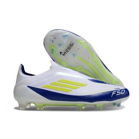 Crampon adidas F50 Elite Sans Lacets FG Blanc Jaune Solaire Bleu Lucide